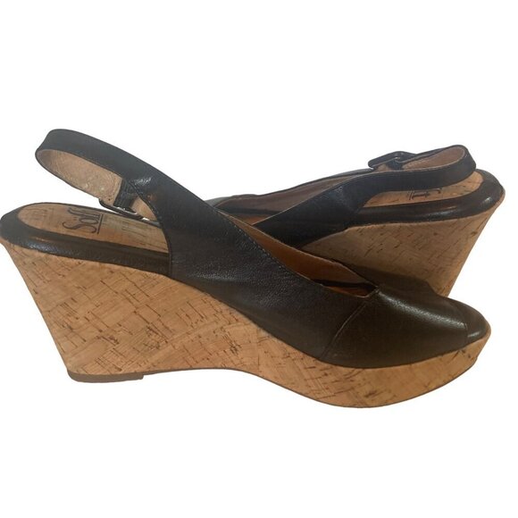 Sofft Black Leather Wedge Sandals Womens 7.5 Peep Toe Cork Heel Adjustable Strap - Picture 6 of 11
